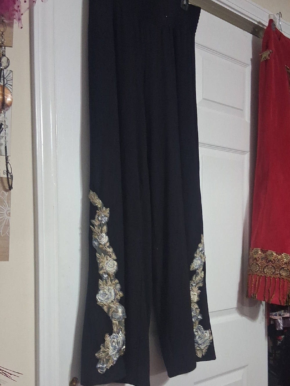 Lane Bryant Black Wide-Leg Pants w/ Gold & Silver Floral Applique